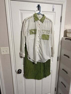 Pleated Olive Green Skirt Set with Lace-Trim Shirt